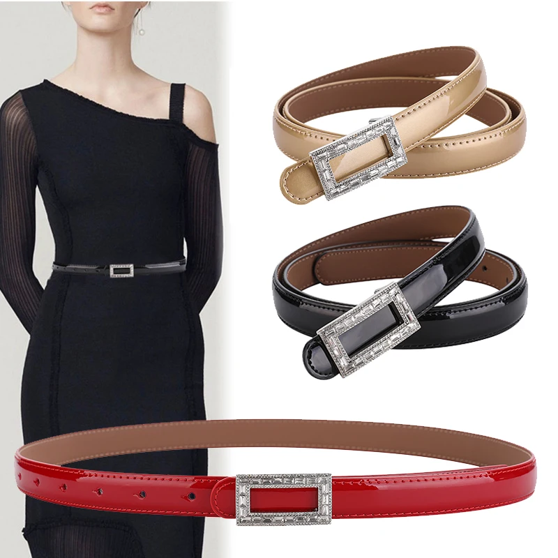 

High-end genuine leather rhinestone buckle fashionable cowhide thin belt for women luxury with dress and jeans belt women