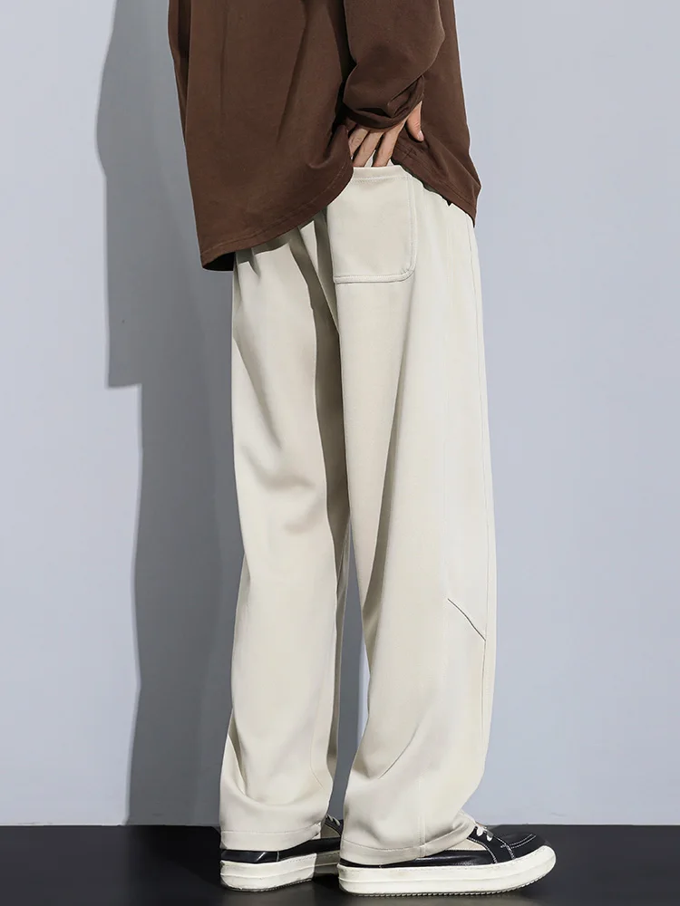 Wide Leg Pants Autumn New Men's Sweatpants Korean Fashion Solid Color String Banding Wide Leg Track Pants Straight Loose Cotton Trousers
