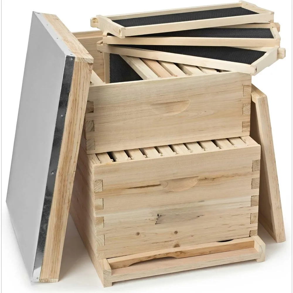 Beehive 20 Frame Complete Box Kit (10 Deep and 10 Medium) with Metal Roof for Langstroth Beekeeping