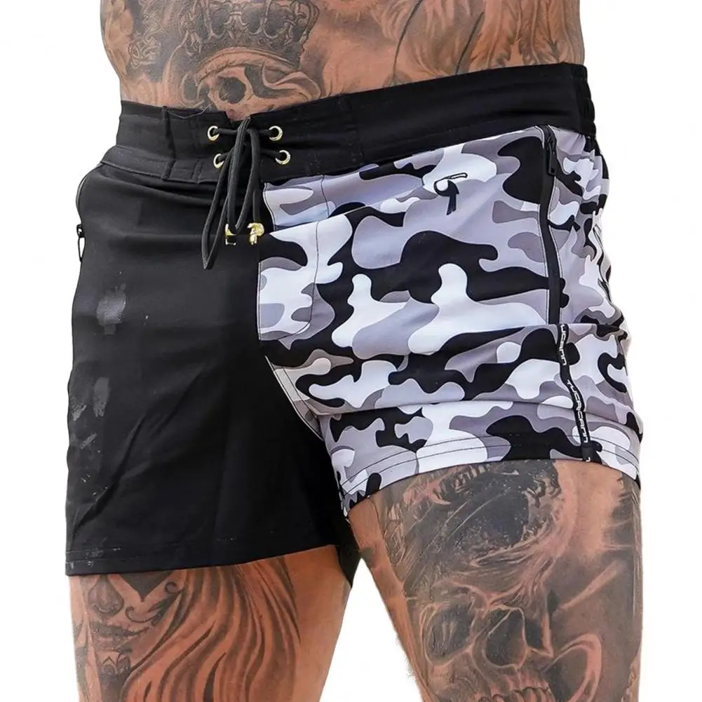 

Men Summer Beach Shorts Elastic Waist Adjustable Drawstring Running Shorts Camouflage Print Patchwork Color Board Shorts