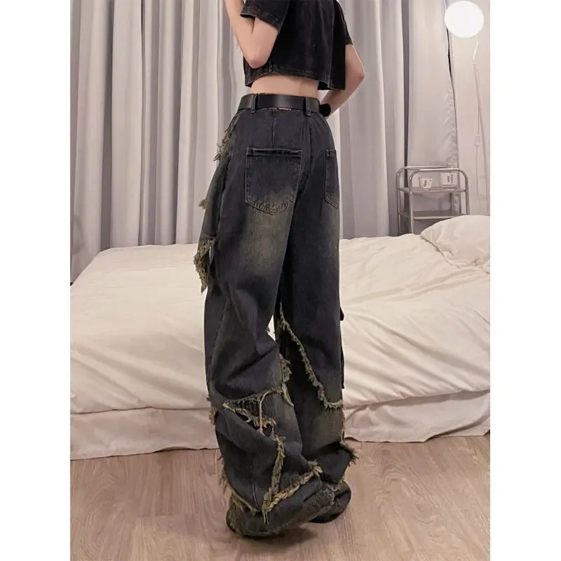 Gidyq Vintage Women High Waist Jeans Streetwear Ripped Female Wide Leg Pant, American Style Casual Tassel Straight Denim Trousers