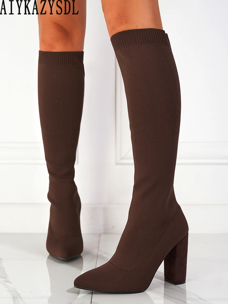 

AIYKAZYSDL коричневые красные вязаные Стрейчевые сапоги до колена женские рыцарские сапоги для верховой езды зимняя обувь на высоком массивном блочном каблуке Женская обувь 41 42