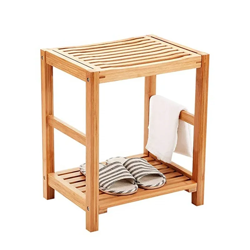 Bamboo Bathroom Stool Stable Shoe Bench Heavy-Duty Shower Organizer Multi-Purpose Bath Bench for Home Use