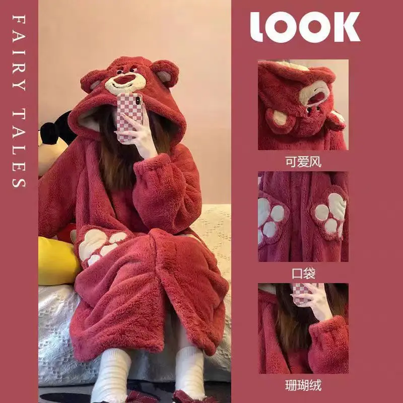 Women's Strawberry Bear Plush Jumpsuit Pajamas - Adult Cosplay Costume, Soft Velvet, Halloween & Sleepwear