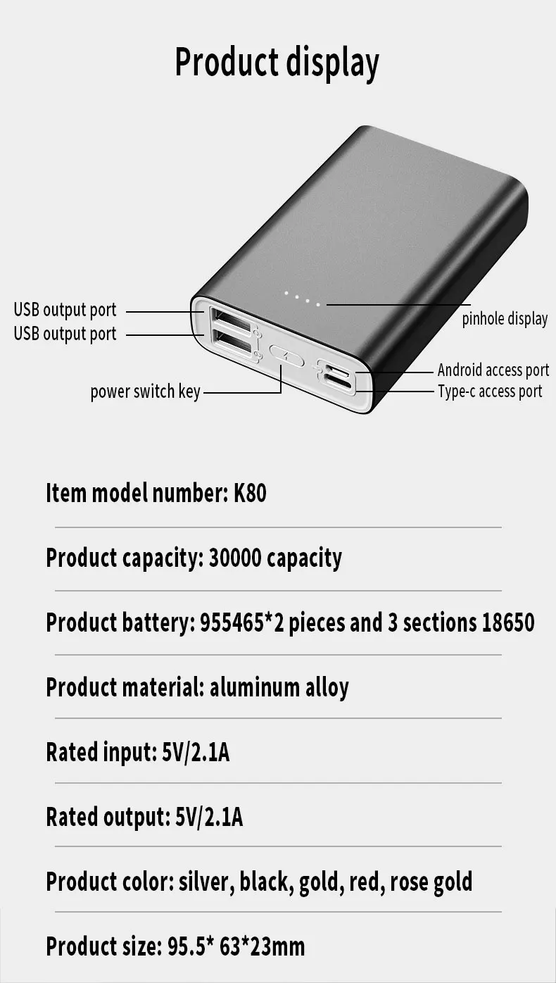 Fast Charging Power Bank Portable 30000mah Charger 2.1a 2usb Output