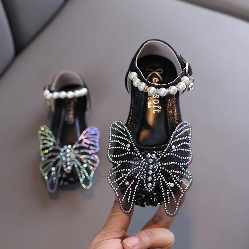 ULKNN Toddlers Baby Girls Shoes Kids Leather Shoes For Wedding Party Performance Lace Butterfly Rhinestone Bling Pearls Beading