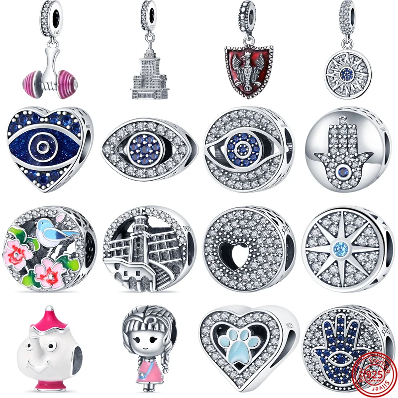 

925 Silver Blue Demon Eyes Tall Building Paw Print Heart Beads Fit Original Pandora Charms Bracelet Women Girl Jewelry DIY Gifts