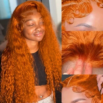 Ginger Orange Water Wave #350 Colored 13x6 13x4 Transparent Lace Front Wig Human Hair for Women Deep Curly Wigs Pre Plucked 1