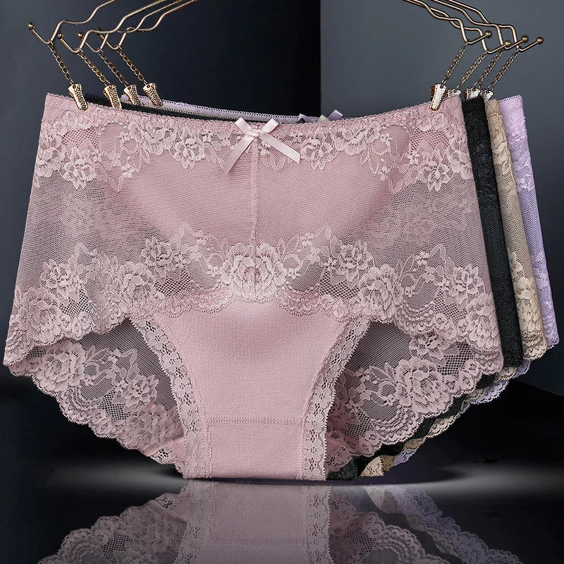 

3Pcs/Lot Sexy Lace Panties Women Jacquard Underwear Mid-Waist Cotton Briefs Antibacterial Crotch Breathable Lingeries Underpant