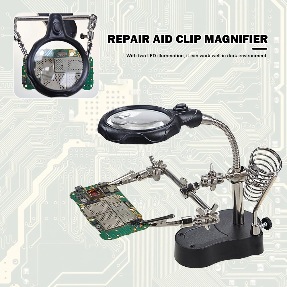 LED Clamp Soldering Iron Stand Magnifying Glass Soldering Repair Magnifier Helping Clamp Vise Clip Tool loupe Crocodile Clip SMD Hands
