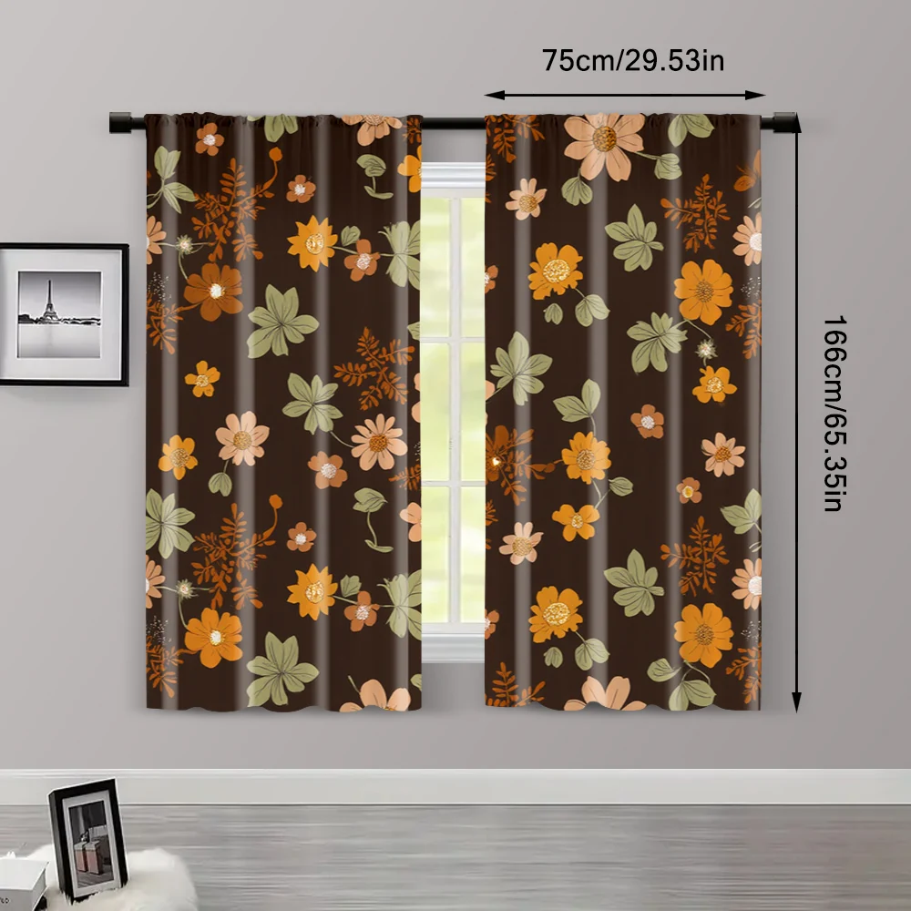 2pcs, Window Curtain Boho Leaf & Black Flower Peel 100% Polyester (without rod) Decorations For Home Use for Living Room, 3