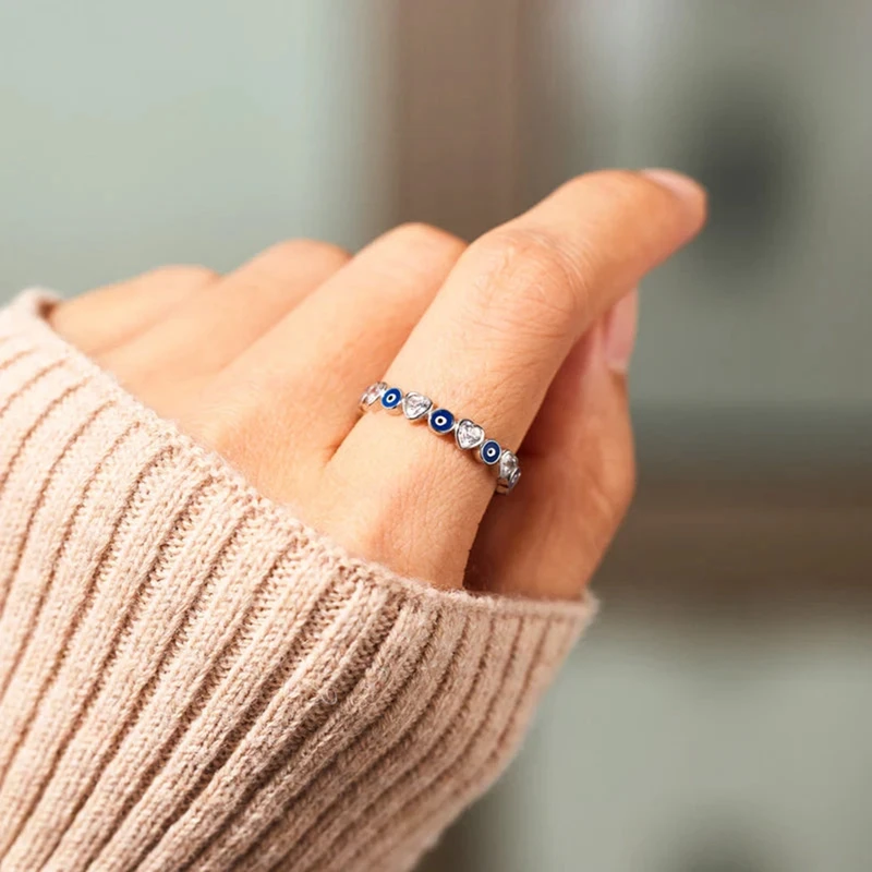 Finger Ring Opening Ring Zircon Crystal Ring Lucky Turkish Blue Evil Eye Zircon Open Rings for Women Vintage Colorful Enamel Love Heart Demon Eyes Party Jewelry