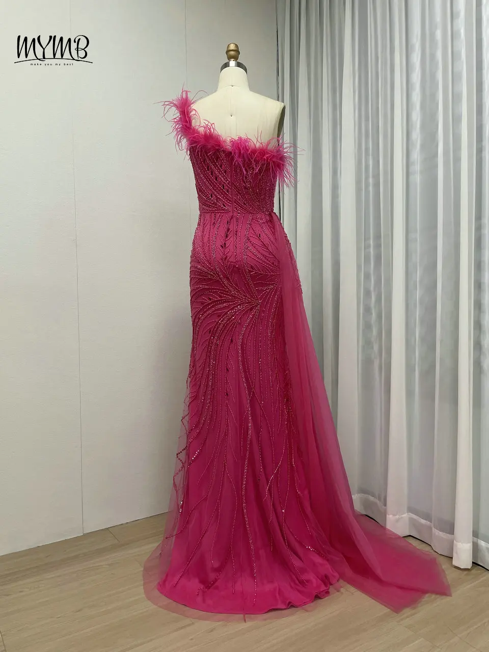 MYMB Graue Luxus-Meerjungfrau-Abendkleider mit hohem Schlitz für formelle Anlässe, sexy One-Shoulder-Perlenfedern, Hochzeits-Party-Kleider – Detail 11