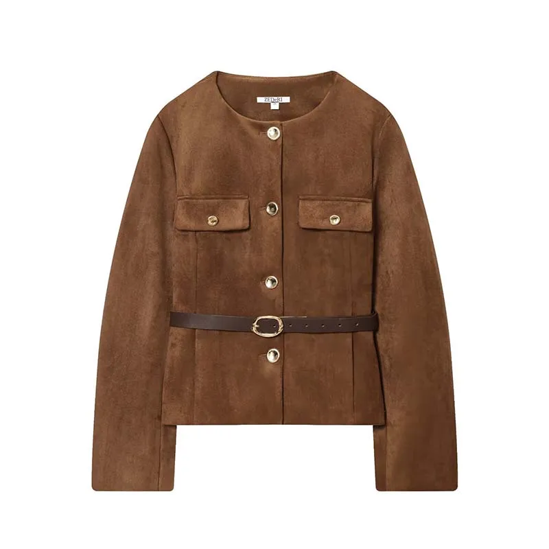 Chic Fashion Suede Blazer Woman Autumn Single Breasted Long Sleeves Belt Blazers Jacket Casual New Women's Suit Coat