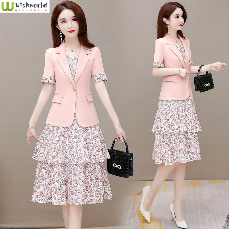 Fashion Aging Suit Coat Printed Suspender Chiffon Dress Two-piece Set 2022 Spring and Summer Women's Suit Skirt