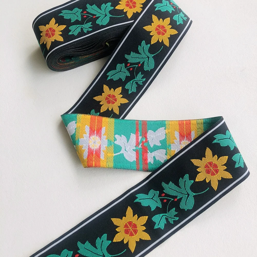 7Meter/Lot Wide About 5cm Woven Jacquard Ribbon Flowers Ethnic Style For National Costume Curtain And Clothing Accessory LS-0154