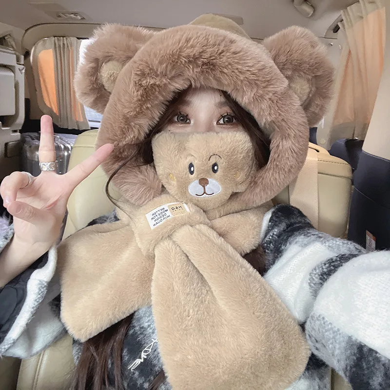 Warm Winter Hat Cute Bear Hat Scarf Scarf All-In-One Women's Winter Earmuffs Lei Feng Plush Cycling Warm Ski
