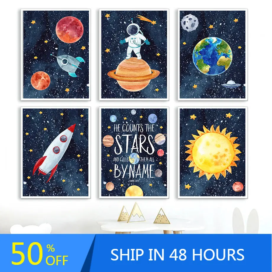 

Space Astronaut Rocket Earth Sun Planet Cartoon Wall Art Canvas Painting Nordic Posters And Prints Wall Pictures Kids Room Decor