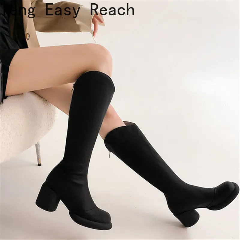 

Knee High Boots Women Autumn Winter PU Leather round head High Heel Handmade Warm Long Boot Black Lady Sexy Shoes Big Size 43