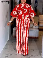 5XL VONDA Plus Size 2 Piece Outfits Autumn Women Bohemian 3/4 Sleeve Fashion Shirts Wide Leg Pants Print Vintage Pant Sets 2PCS