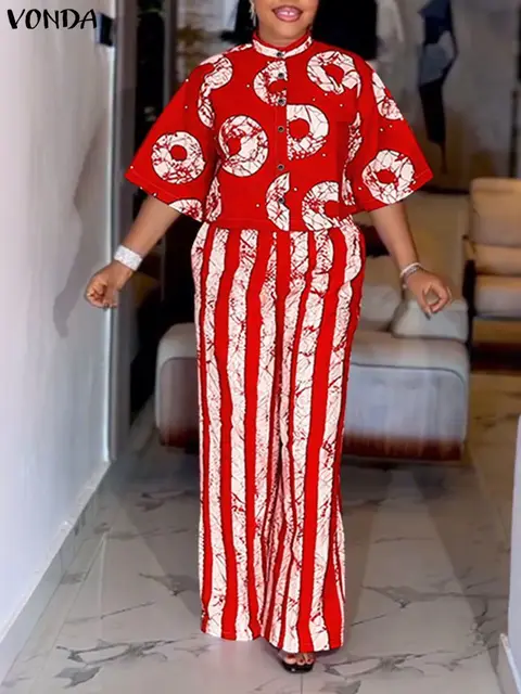 5XL VONDA Plus Size 2 Piece Outfits Autumn Women Bohemian 3/4 Sleeve Fashion Shirts Wide Leg Pants Print Vintage Pant Sets 2PCS