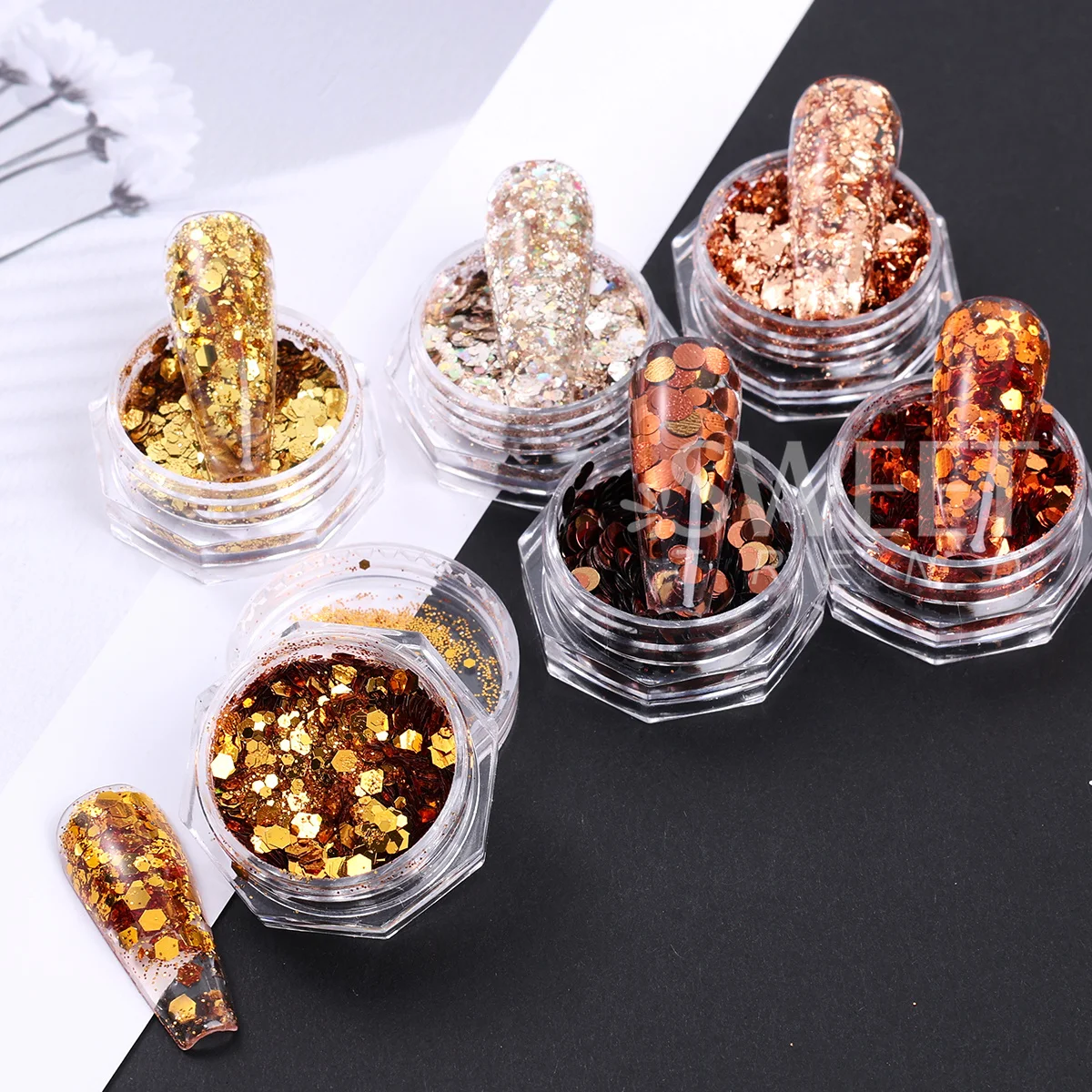12pcs Brown Gold Style Nail Glitter Mixed Hexagon Round Sequin Metallic Leaf Sparkly Gorgeous New Year Winter Decor Accessories