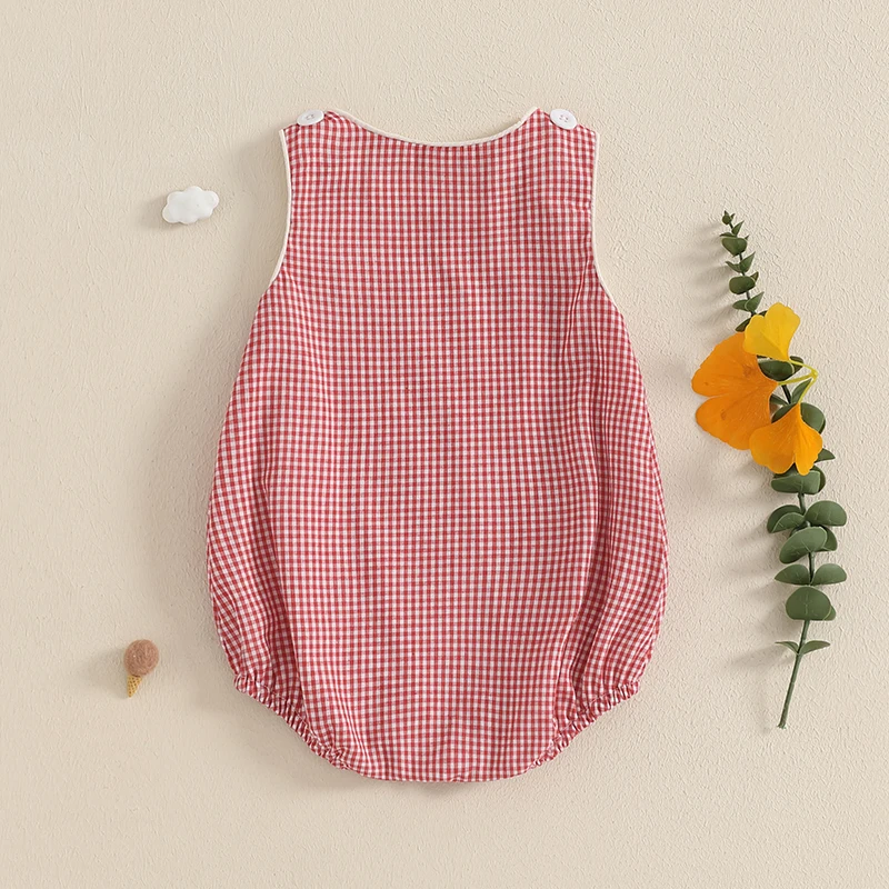 0-18M Newborn Baby Summer Tank Romper Plaid Print Sleeveless Round Neck Jumpsuit for Boys and Girls 3