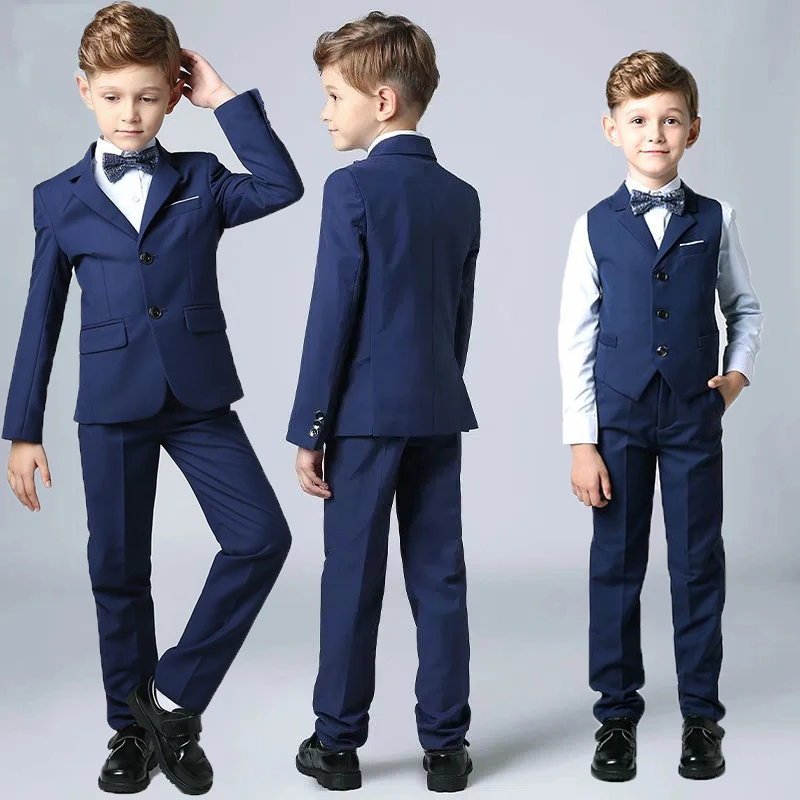 

Boys Formal Black Navy Suit Set Children Wedding Party Piano Performance Host Graduation Chorus Costume Kids Blazer Vest Pants