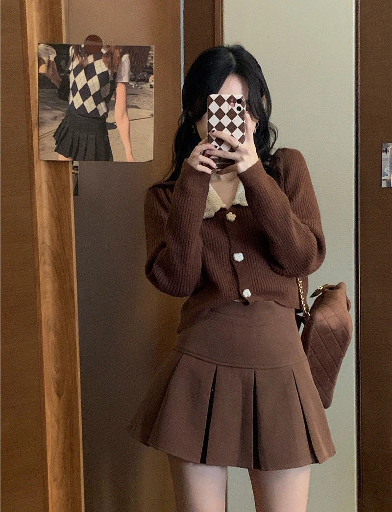 long camisole Korean Fashion Pleated Skirt Autumn Vintage Women Clothing Folds Mini High Waisted Skirt Preppy Style Brown y2k Woman Clothes womens cami