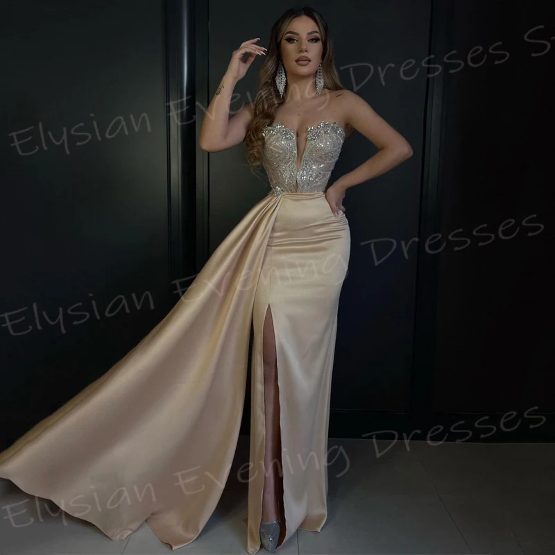 

Arabia New Gorgeous Classic Women's Mermaid Modern Evening Dresses Strapless Sleeveless Beaded Prom Gowns Side Split فساتين سهرة