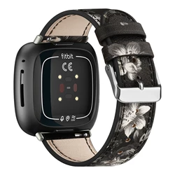Premium Genuine Leather Adjustable Wristband Bracelet - Fitbit Sense 2 (Black Gray Flower)