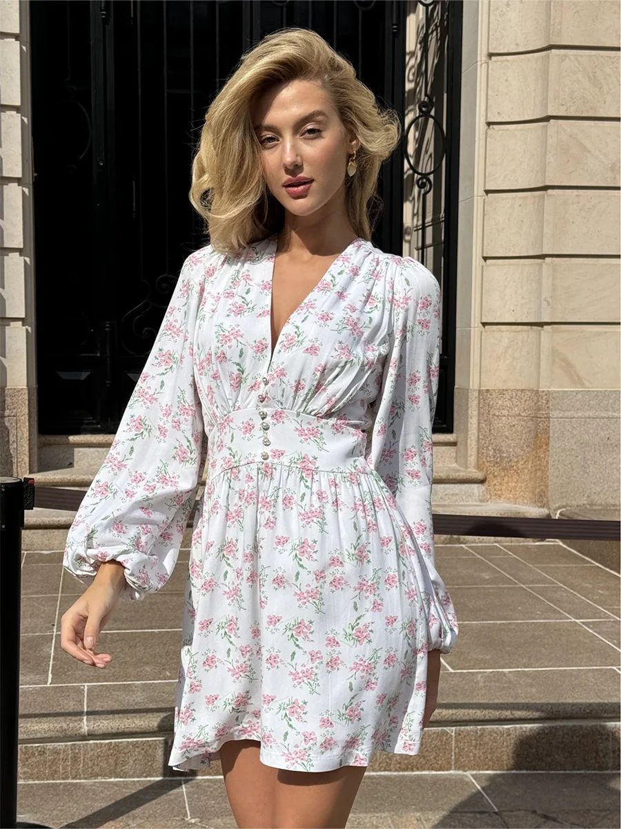 Bornladies Printed Long Sleeved Short Dress Women's Summer New Iantern Sleeve Fashionable Office Lady Waist Cinching Dresses