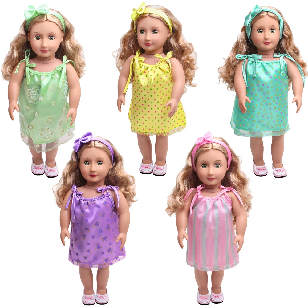 

18 Inch Girls Doll Clothes Printed Halter Dress Nightdress + Headband Newborn Children's Toys Accessories 43 Cm Baby Dolls c391