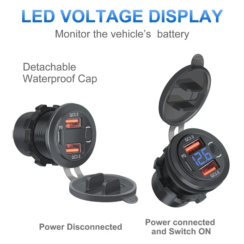 USB C 급속 충전 3.0 차량용 충전기 소켓, 12V 24V PD3.0 및 듀얼 QC3.0 포트, USB 고속 충전기 전원 콘센트, 터치 스위치 포함