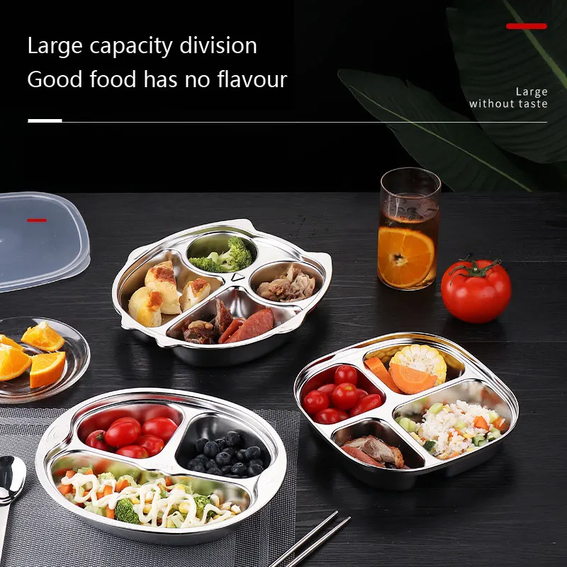 Stainless Steel Divided Grid Dinner Plate, Children's Lunch Box with Lid, School Canteen Dinner Rice Plate, Kitchen Supplies