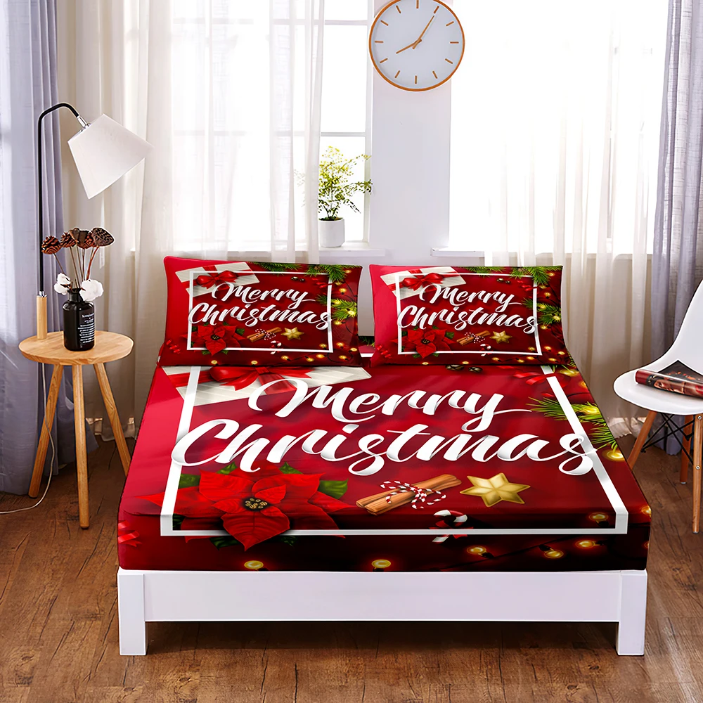Red Christmas Digital Printed 3pc Polyester Fitted Sheet Mattress Cover Four Corners with