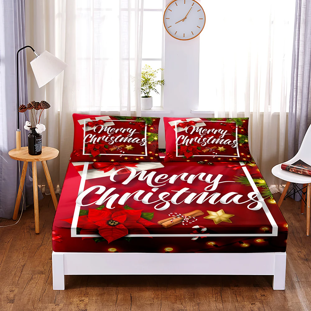 Red Christmas Digital Printed 3pc Polyester Fitted Sheet Mattress Cover
