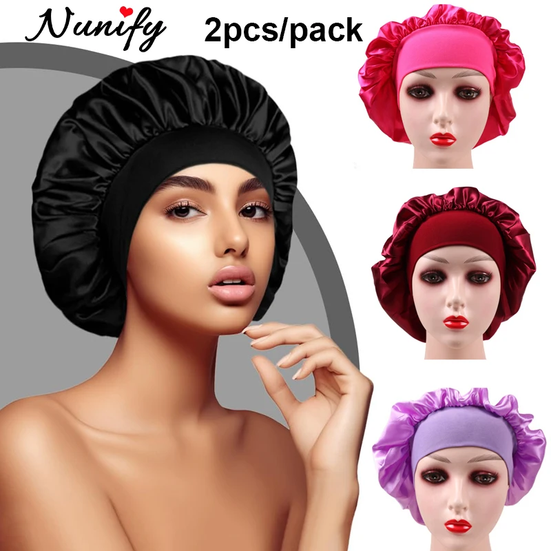 

2Pcs Satin Bonnet Silk Bonnet For Sleeping Hair Bonnets For Black Women Large Sleep Cap For Curly Hair 6cm Wide Soft Band Bonnet