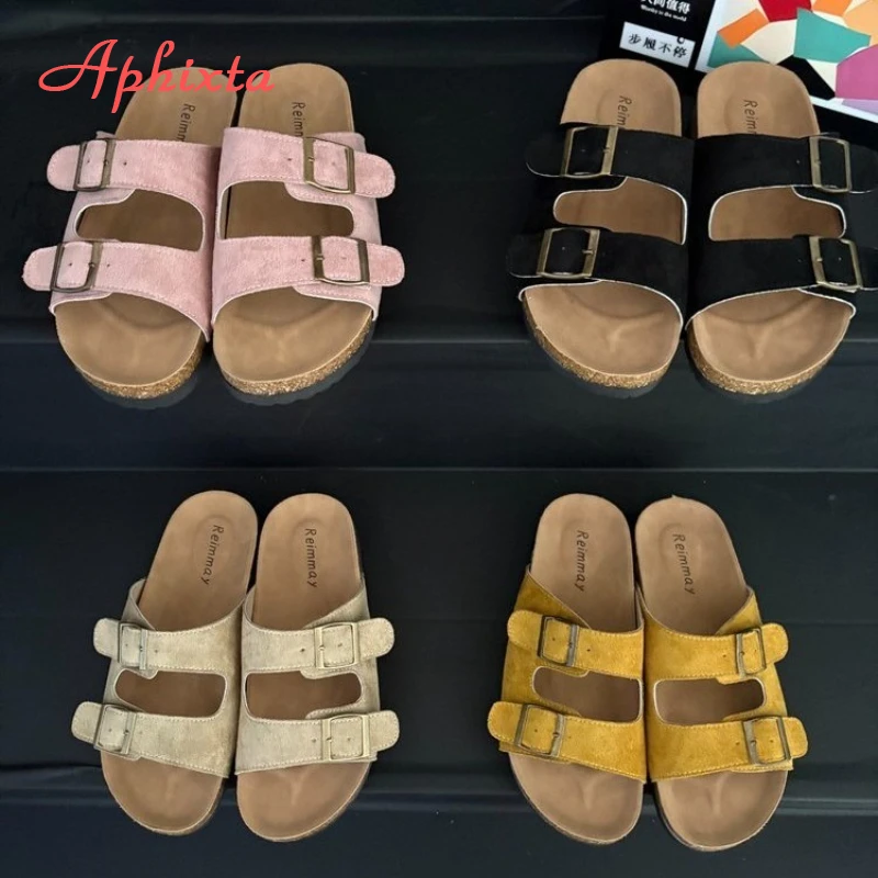 Aphixta Cork Clogs Slippers For Women Classic Suede Summer Sandals Fashion Outdoor Beach Shoes With Adjustable Metal Buckle