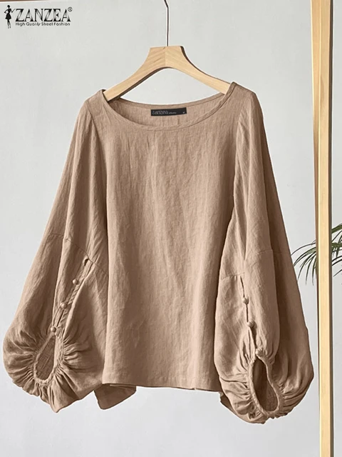 ZANZEA Vintage Tops Women Casual OL Work Blouse Elegant Solid Color Shirts O Neck Loose Tunics Summer Female 3/4 Sleeve Blusas