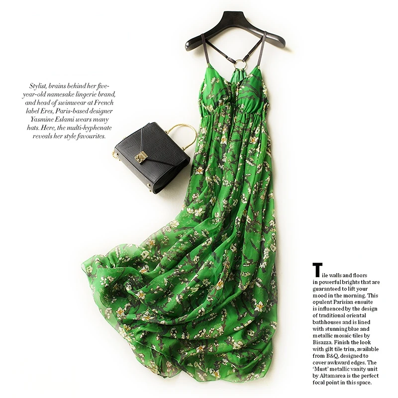 

Women's Silk Dress Holiday Dresses V-neck Sexy Dress Summer Dress Women Sleeveless Green Floral Dress Vestidos De Mujer Zm3205