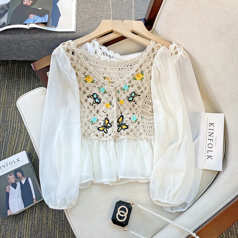 

Boring Honey Chiffon Sleeve Splicing Fashion Women Blouses Butterfly Embroidery Long Sleeve Hollow Out Crochet V-Neck Tops Women