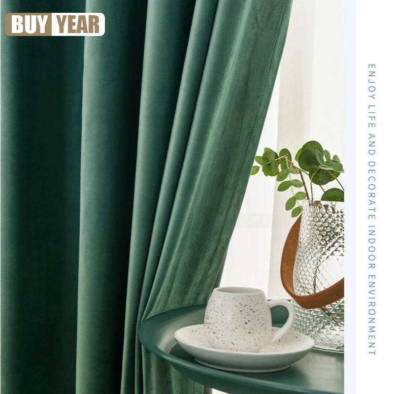 

New Modern American green velvet Curtains for Living Room bedroom blackout solid color thickened velvet hotel curtain custom