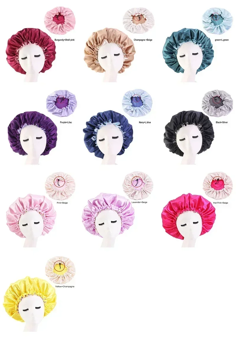 Reversible Satin Hair Caps Bonnets Double Layer Adjust Headwear Curly Hair Cover Hat For Sleeping Women Styling Accessories 3