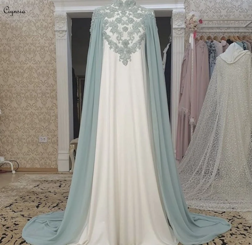 

France Muslim Hijab Evening Dresses with Cape Pearls Lace Dubai Arabic Long Sleeves Formal Gowns For Women 2024 Robes De Soirée