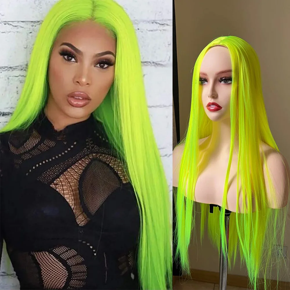 Long Straight Neon Yellow Wig for Black Women 13x3 Lace Front Wigs for Cosplay Party DJ Occasion Heat Resistant Fiber