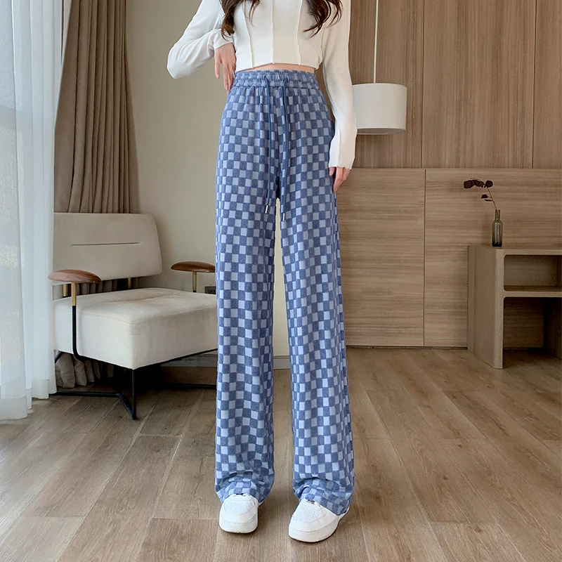 Women's Plaid Wide Leg Pants Y2K Traf Corduroy Casual Checkered Trousers  Korean Style Streetwear Harajuku Women Pants PELEDRESS