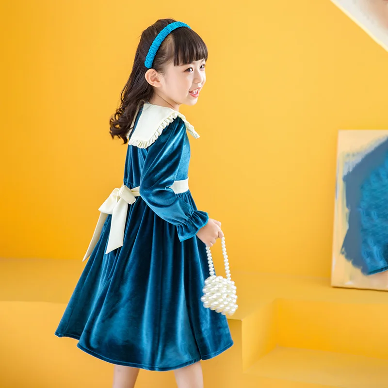 2023 New Teen Girls Velvet Dress Long Sleeve Elegant Casual Knee Length Baby Dresses With Belt Children Clothes Spring Fall 2023