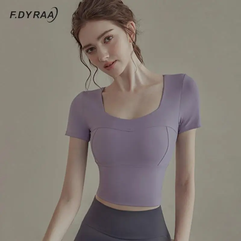 F.DYRAA Square Collar Sports Shirts Women's Short Sleeve Tight Shirt