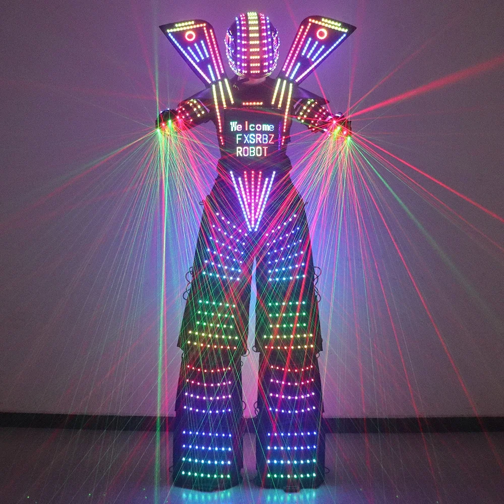 

LED Robot Suit Full Color Smart Pixels Costume Light Up Stilts Walker Clothing Luminous Jacket Chest Display Helmet Laser Gloves